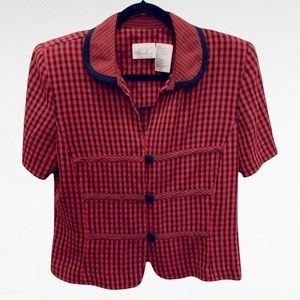 VINTAGE | 1990’s Kathie Lee Collection Black Red Checkered Short Sleeve Shirt